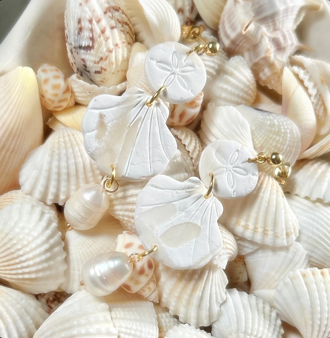 Seashell Earrings, Coastal Vacation Dangles, Beachy Sand Dollar Pearl Handmade Clay Jewelry Gift