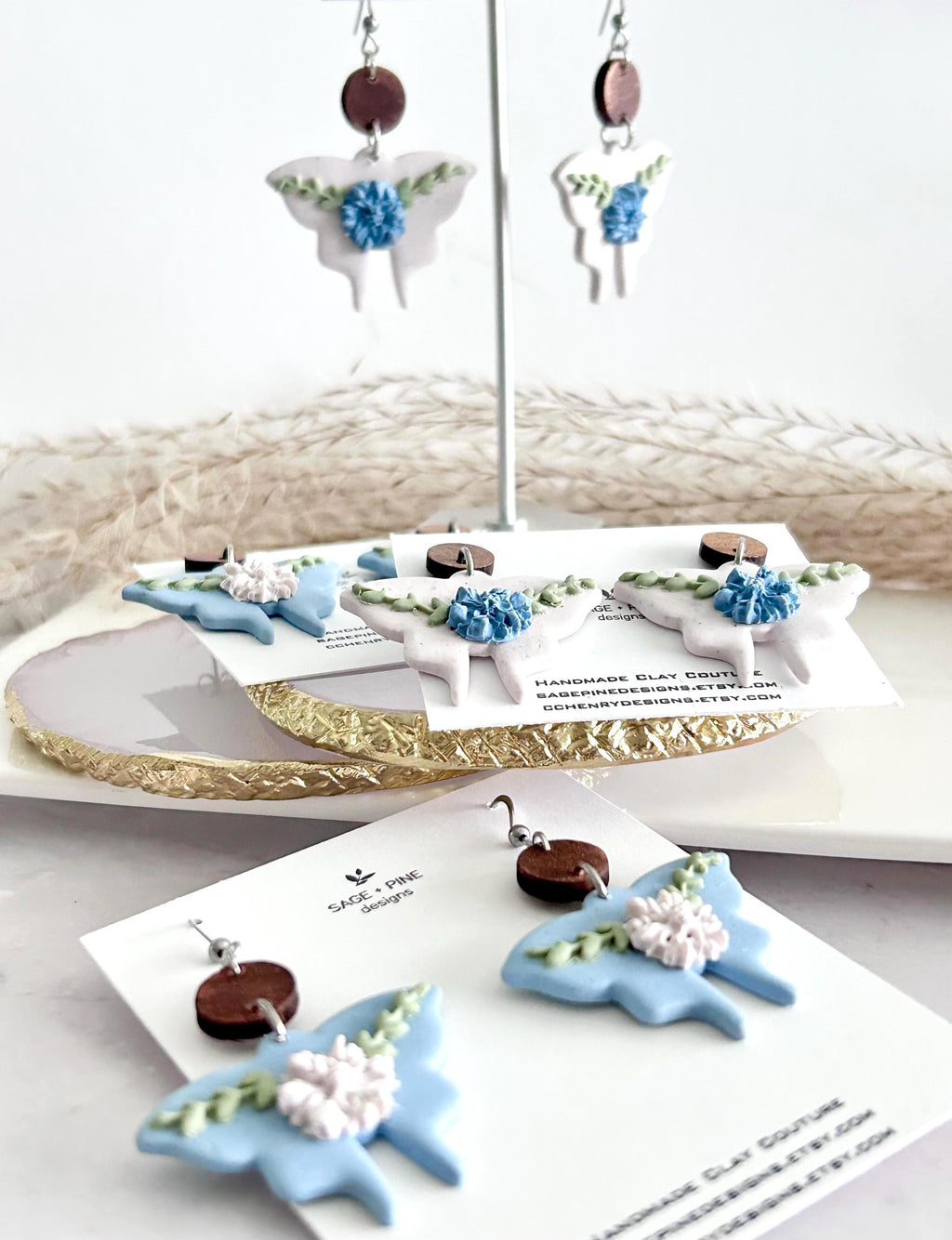 Handmade Clay Moth Earrings, Light Blue and White Floral Dangles, Pastel Wings, Wood Polymer