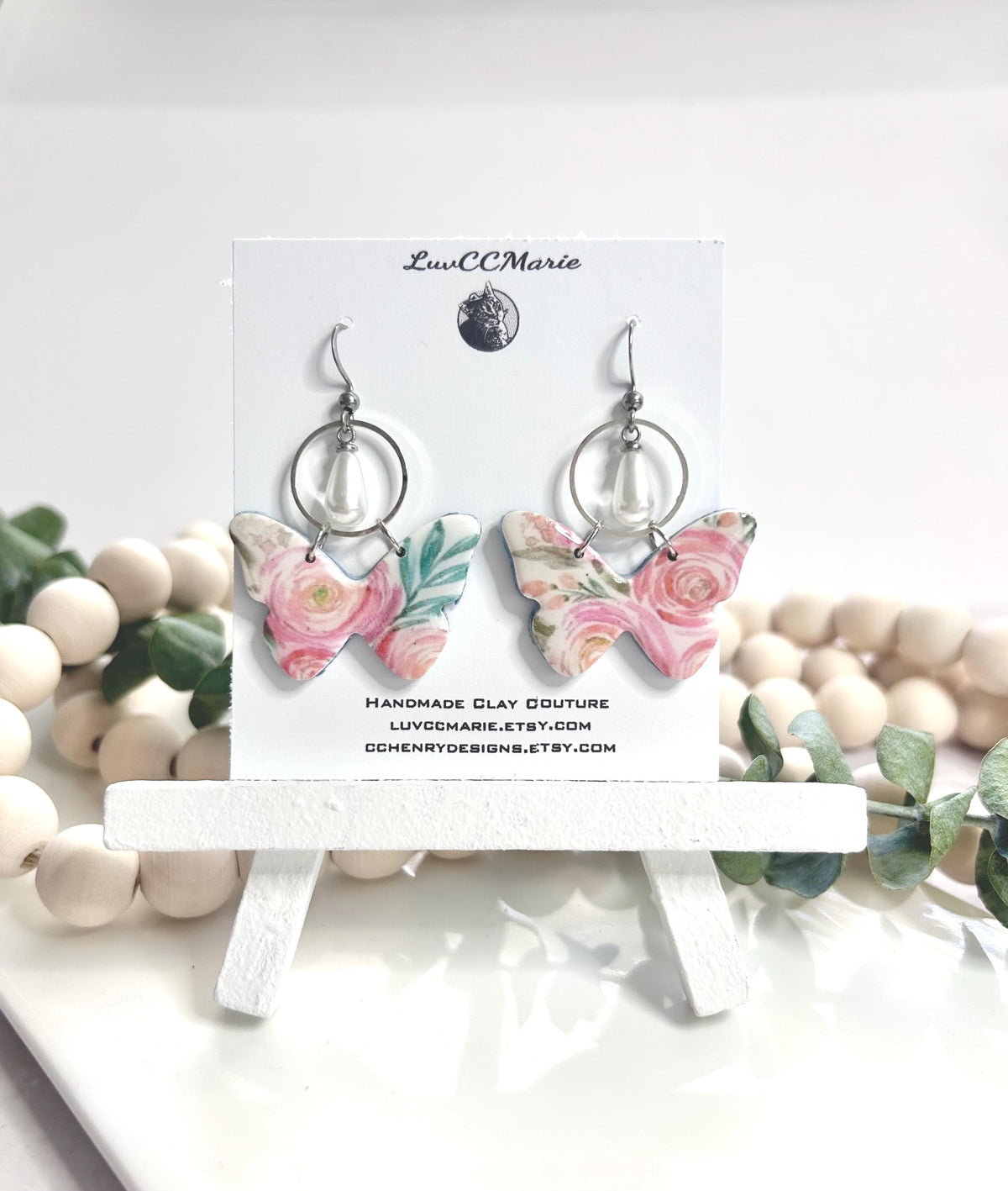Pink Ranunculus Flower Floral Butterfly Dangle Earrings, White Pearl Hoop Dangles, Unique Bridal Gift