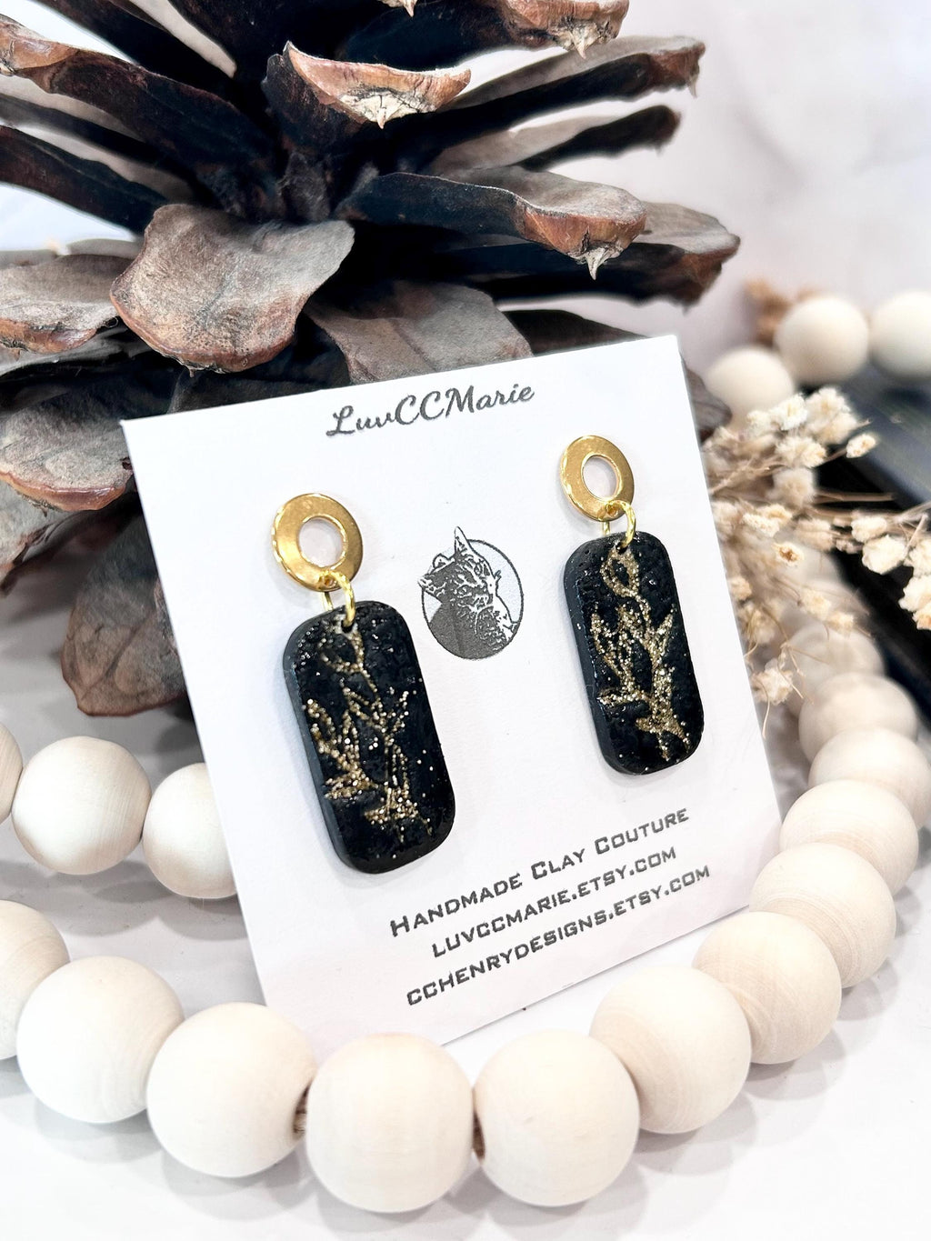 Handmade Black and Gold Tulip Earrings, Drop Dangles, Clay Jewelry