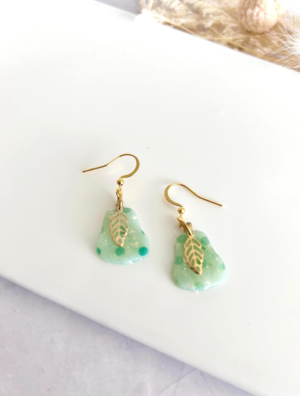 Mint Green Polka Dot Pear Clay Earrings, Pastel Opal Dangles, Handmade Fashion Boho Jewelry