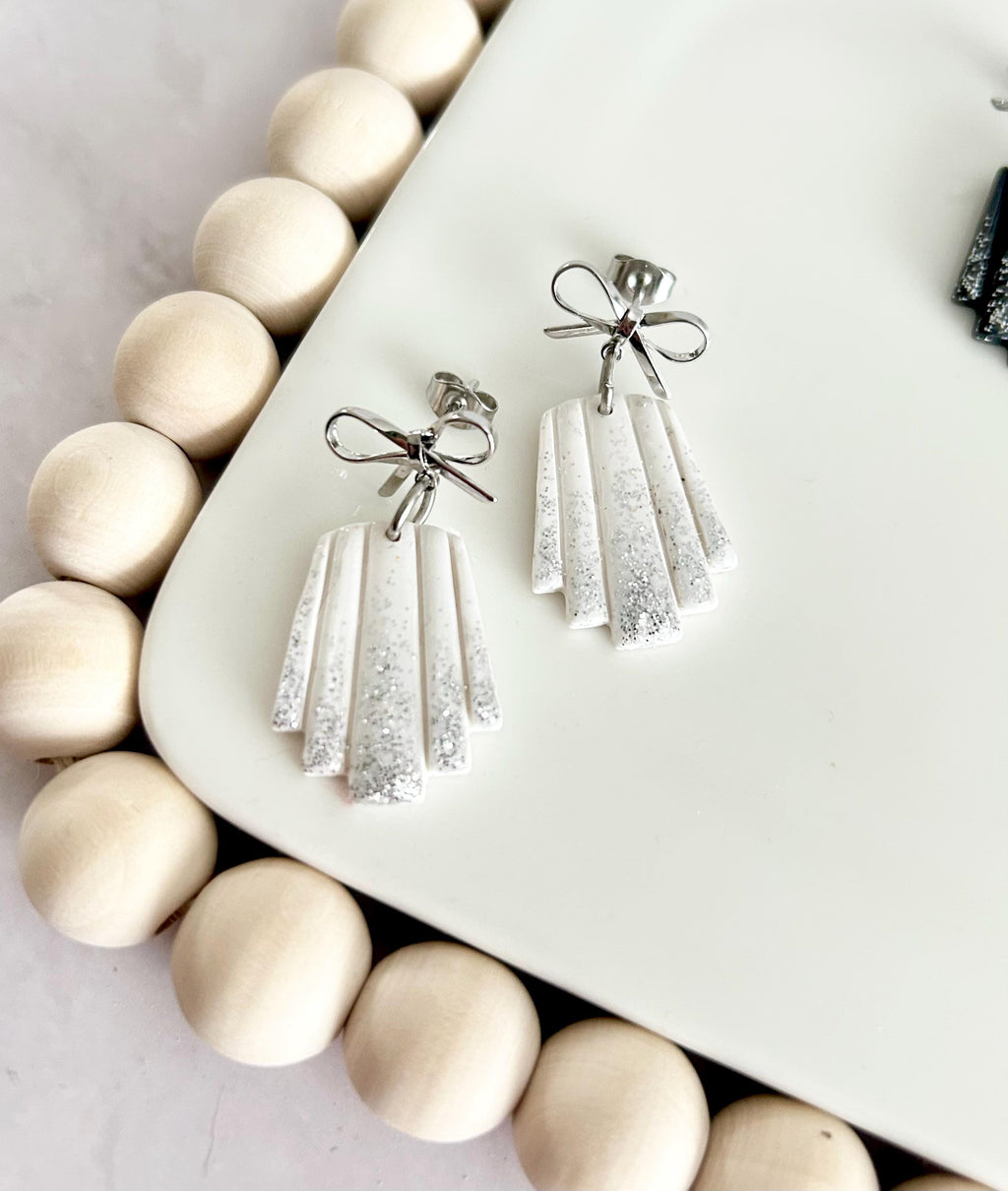 Sparkly Dangles, Bow Earrings, Modern Wedding Clay Jewelry, Handmade Gift For the Bride