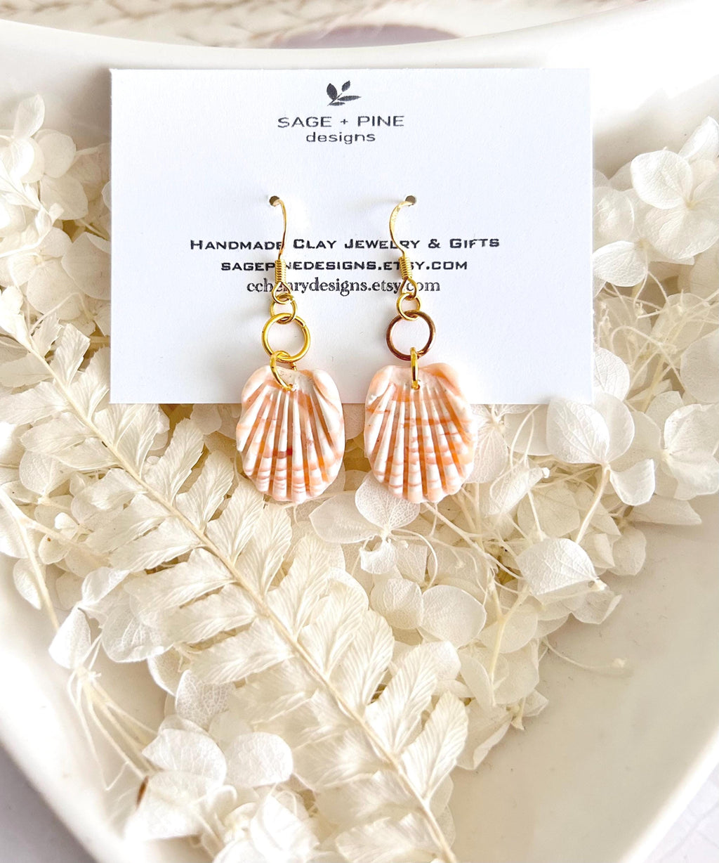 Clay Seashell Earrings, Peachy Coral and White Shell Dangles, Coastal Vacation Dangles Beach Jewelry