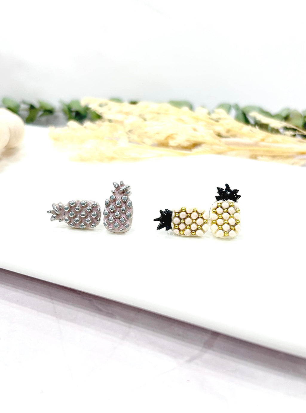 Pineapple Studs, Black and White Post Earrings, Handmade Clay Modern Jewelry