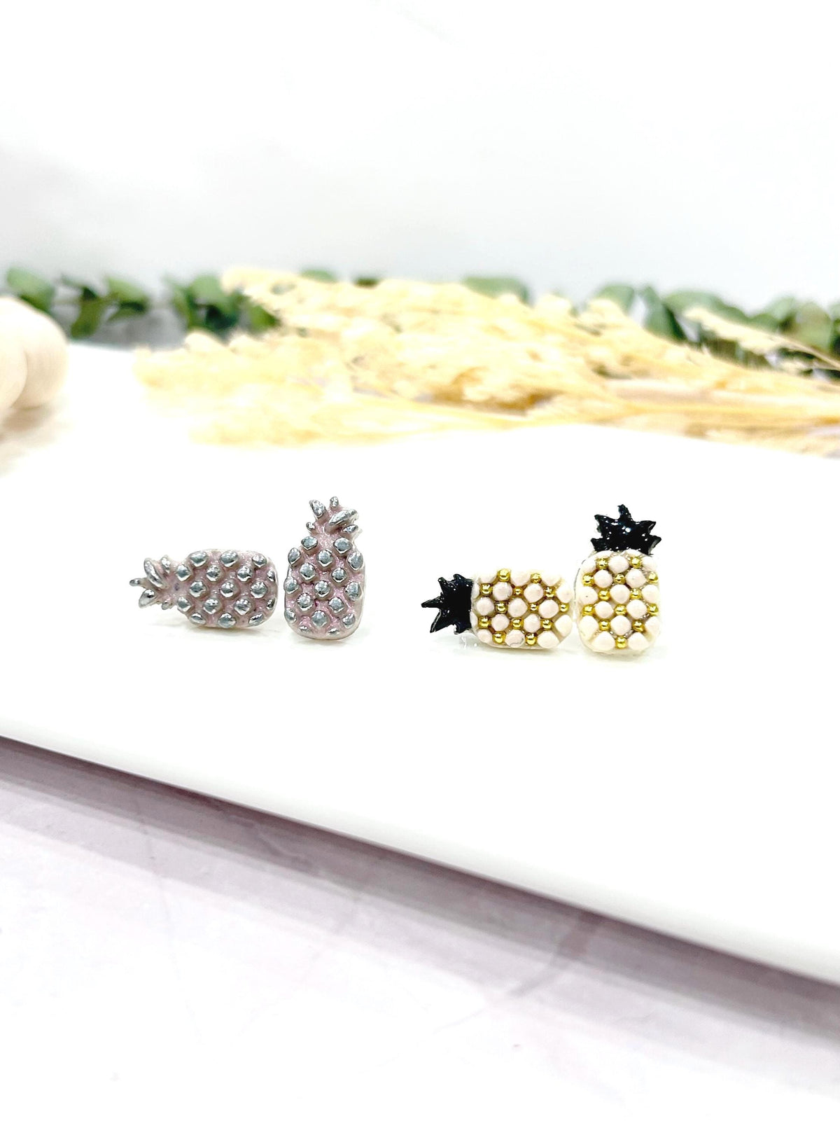 Pineapple Studs, Black and White Post Earrings, Handmade Clay Modern Jewelry