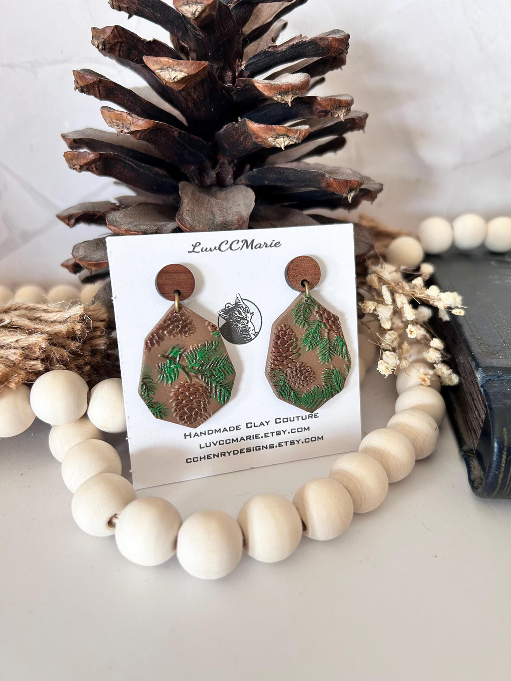 Handmade Pine Bough Clay Earrings: Boho Evergreen Jewelry