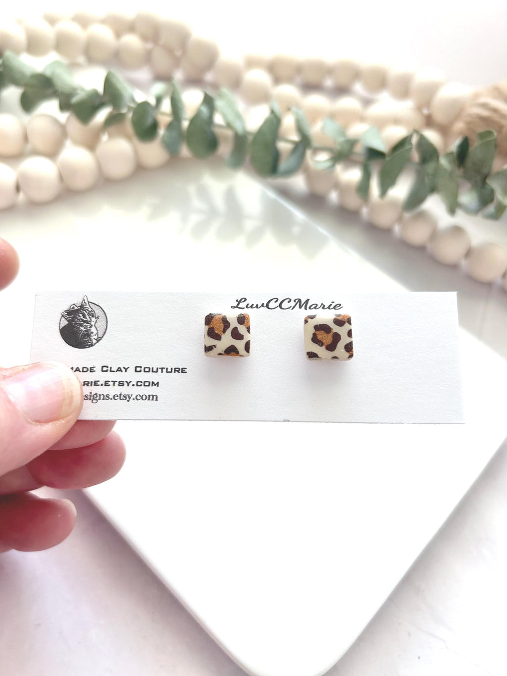 Leopard Print Clay Earrings, Animal Pattern Studs, Handmade Boho Fall Jewelry