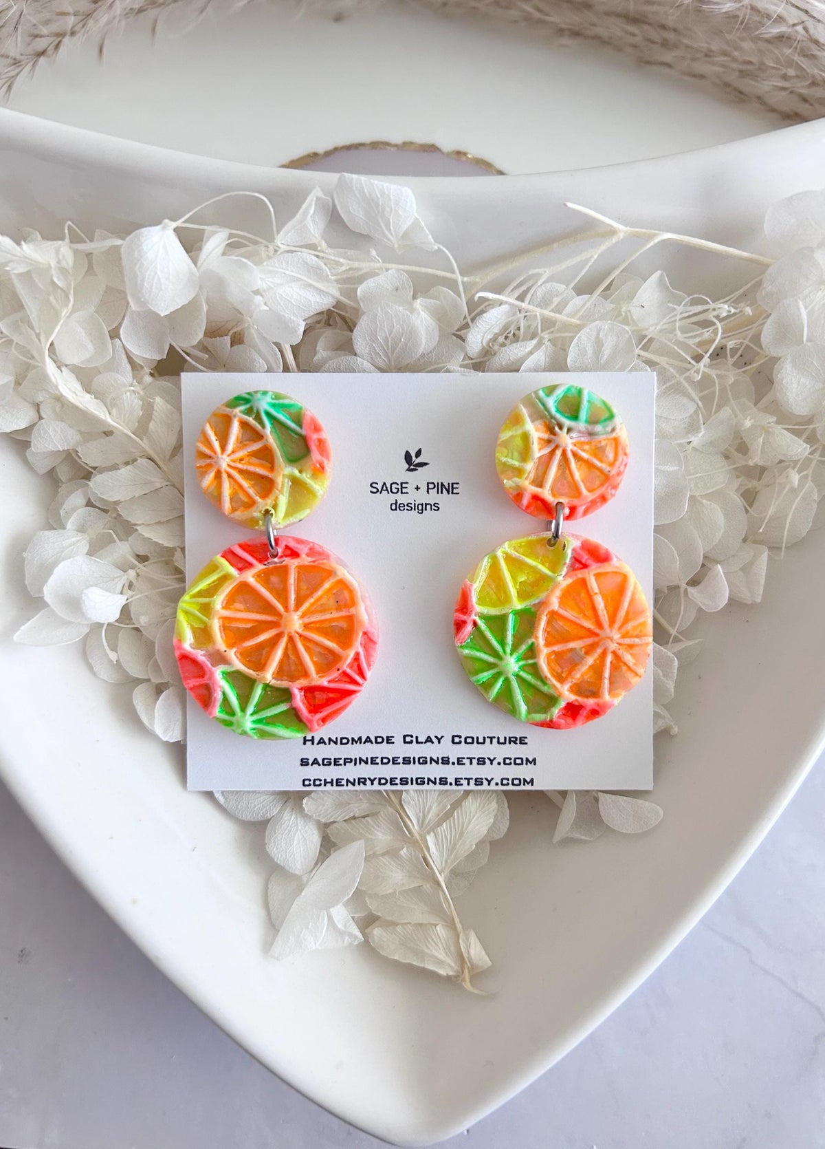 Neon Orange Slice Foodie Earrings, Grapefruit, Lemon, Lime, Unique Handcrafted Dangles, 90s Statement Clay Jewelry