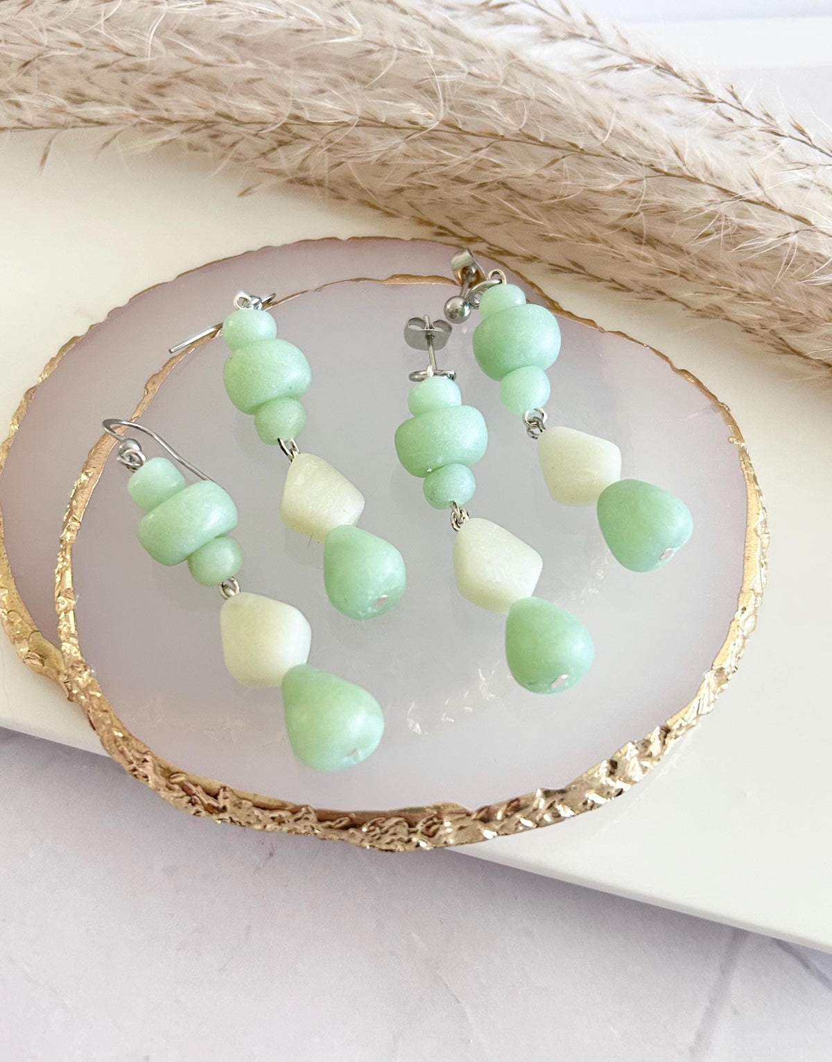 Jade Mint Beaded Dangles, Clay Drop Long Earrings, Light Green Modern Unique Handmade Jewelry