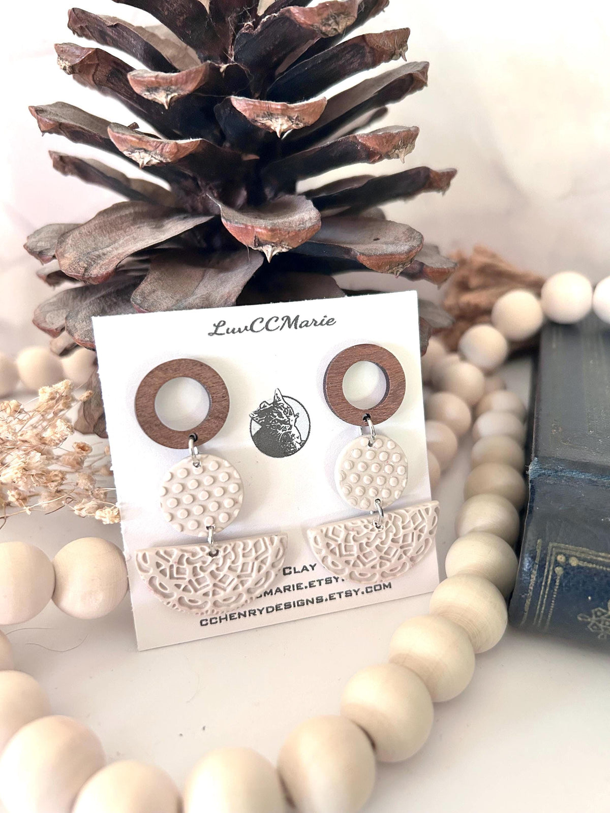 Mandala Polka Dot Clay Earrings, Open Circle Wood Post Stud Dangles, Lightweight Hypoallergenic