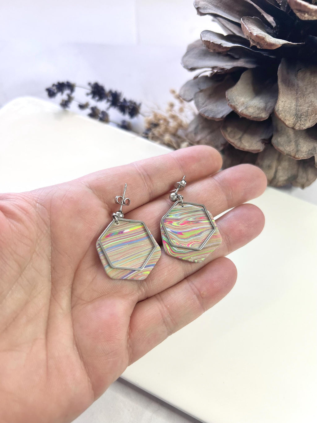 Handmade Clay Striped Earrings, Rainbow Pride Silver Dangles, Lightweight Jewelry Gift