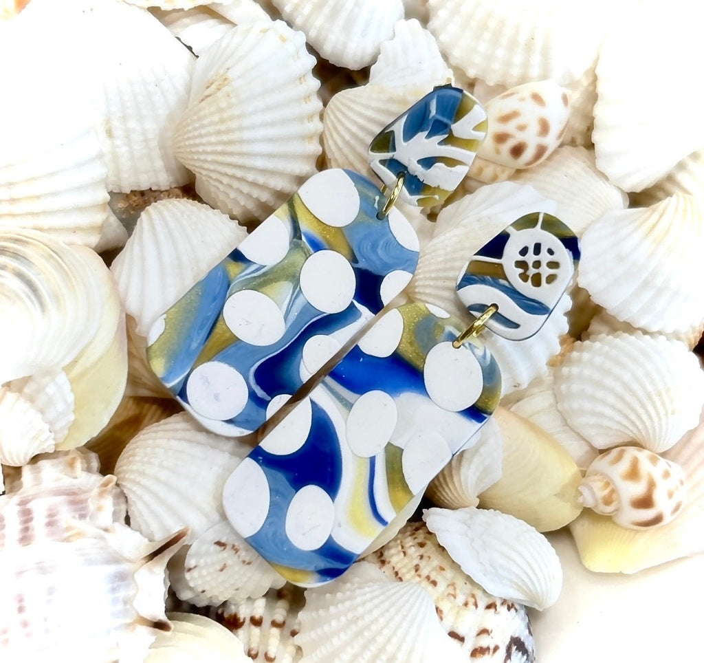 Handmade Clay Polka Dot Stud Dangles, Cobalt, White & Gold Dangle Earrings, Long Boho Jewelry