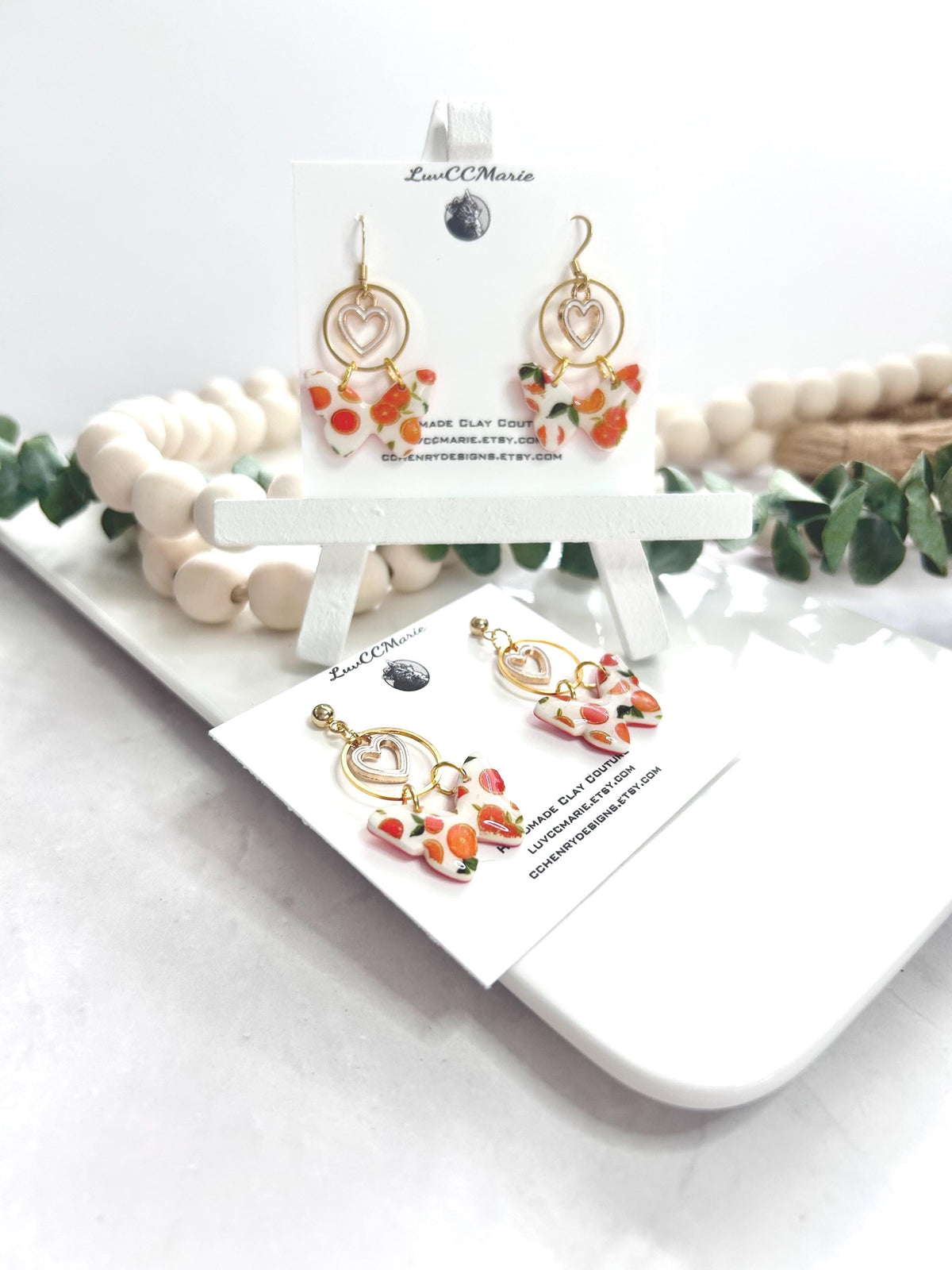 Handmade Orange Butterfly Clay Earrings: Boho Heart Charm Dangles