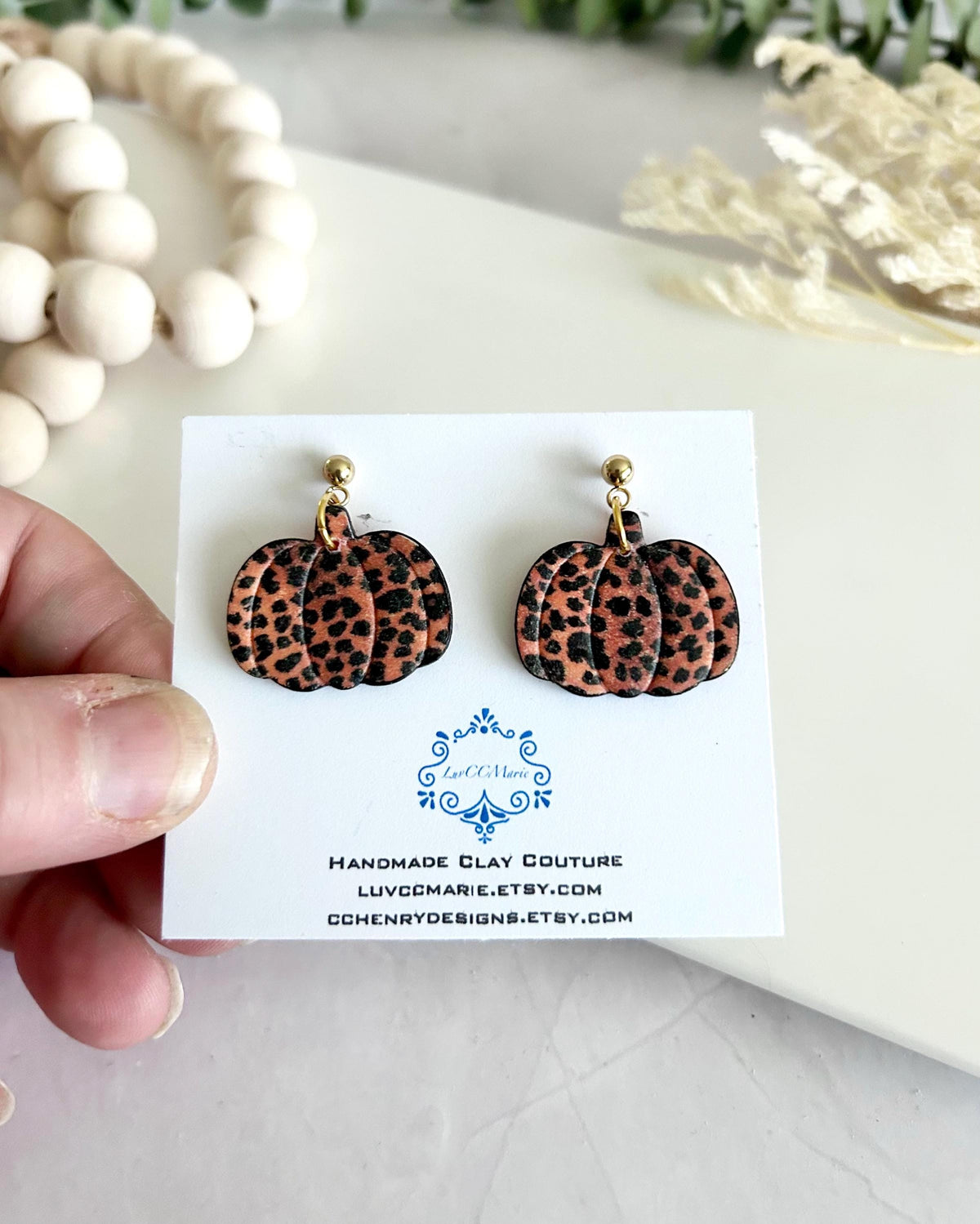 Leopard Print Pumpkin Earrings, Fall Hoop Dangles, Lightweight Handmade Clay Jewelry