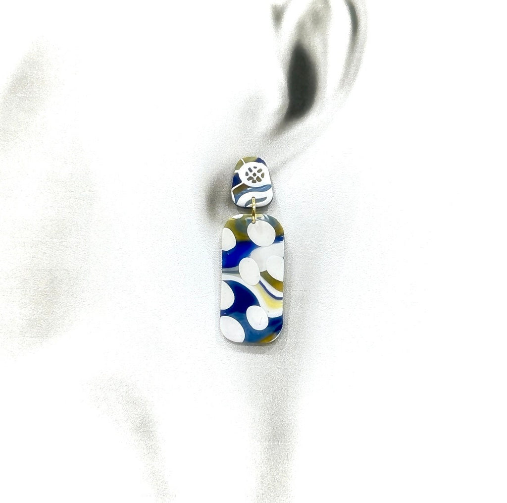 Handmade Clay Polka Dot Stud Dangles, Cobalt, White & Gold Dangle Earrings, Long Boho Jewelry