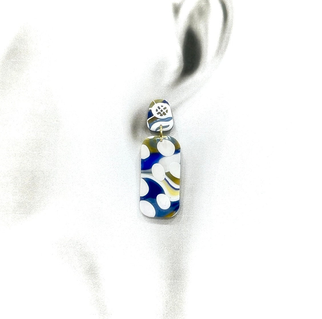 Handmade Clay Polka Dot Stud Dangles, Cobalt, White & Gold Dangle Earrings, Long Boho Jewelry