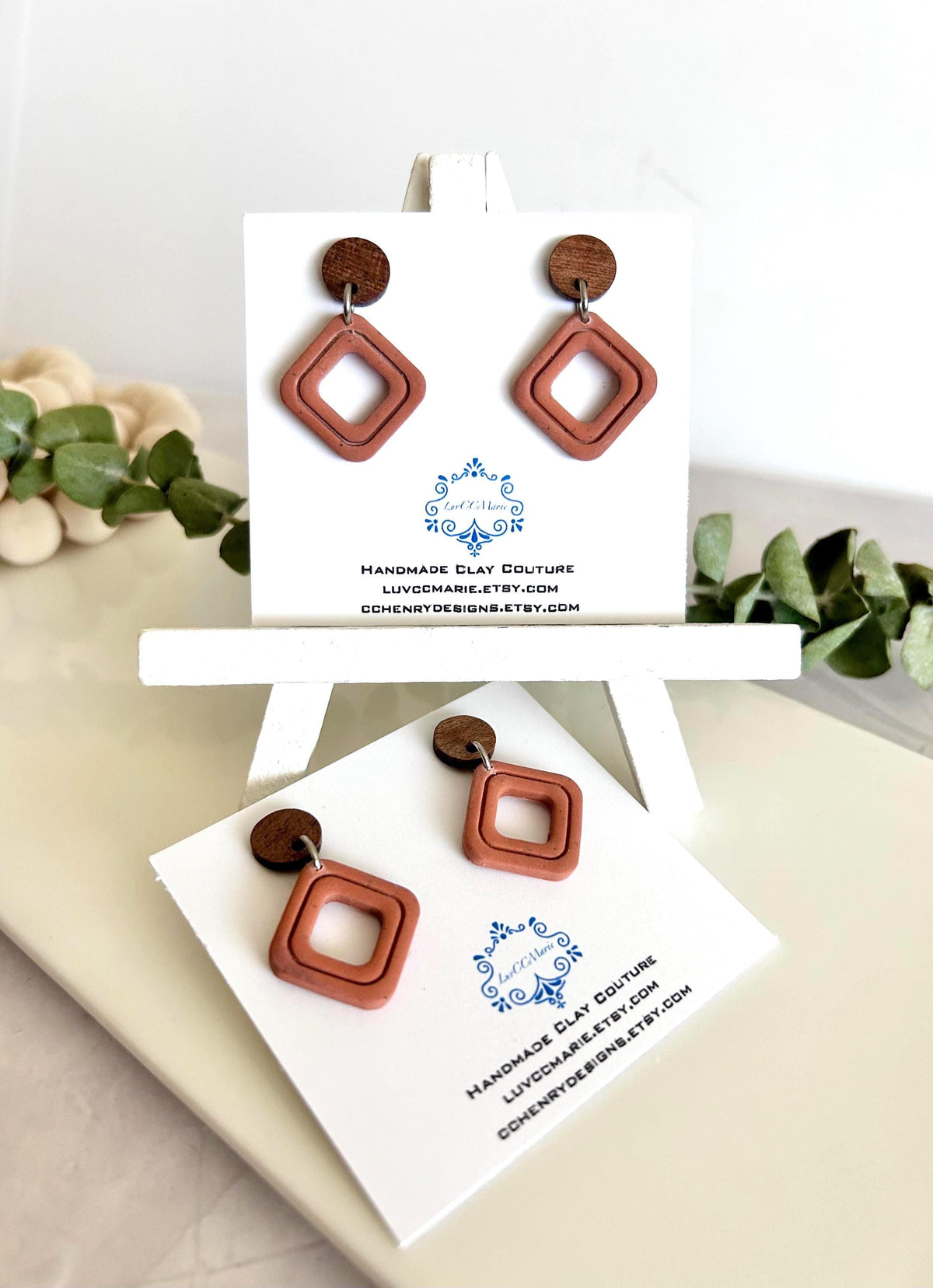 Terracotta Drop Earrings, Geometric Clay & Wood Handmade Fashion Boho Jewelry
