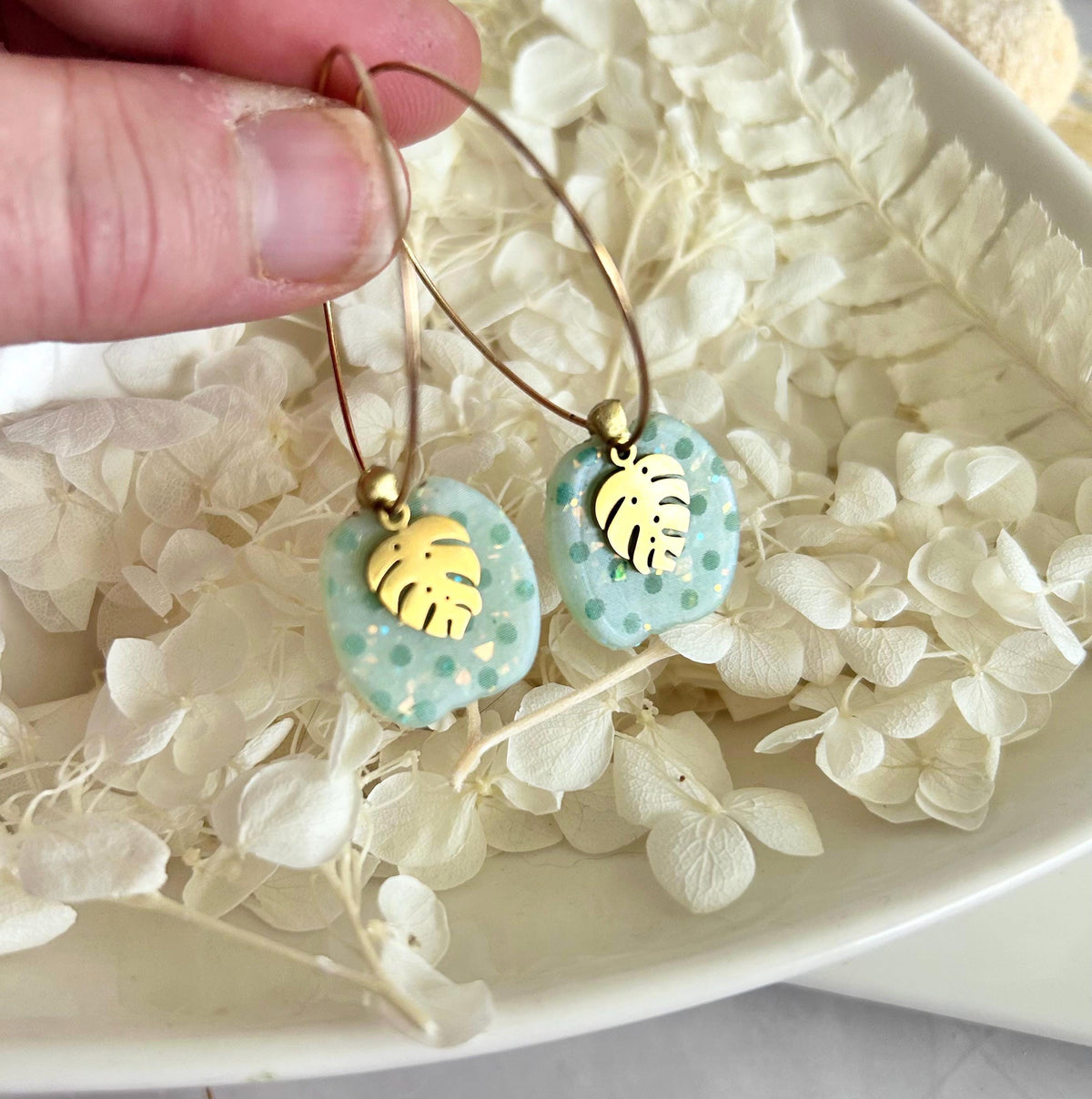 Green Polka Dot Pumpkin Earrings, Gold Leaf Clay Hoop Dangles, Fall Boho Jewelry
