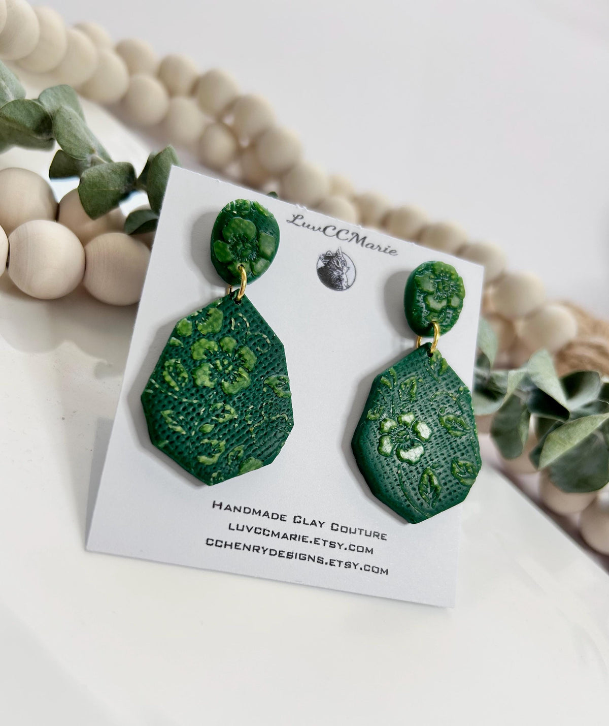 Handmade Green Floral Clay Earrings: Boho Drop Dangles