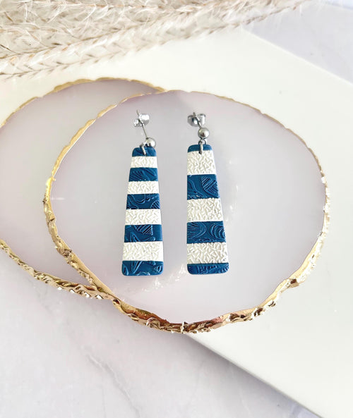 Asymmetrical Creamy White and Teal Blue Silver Long Dangle Earrings, Handmade Clay Coastal Jewelry
