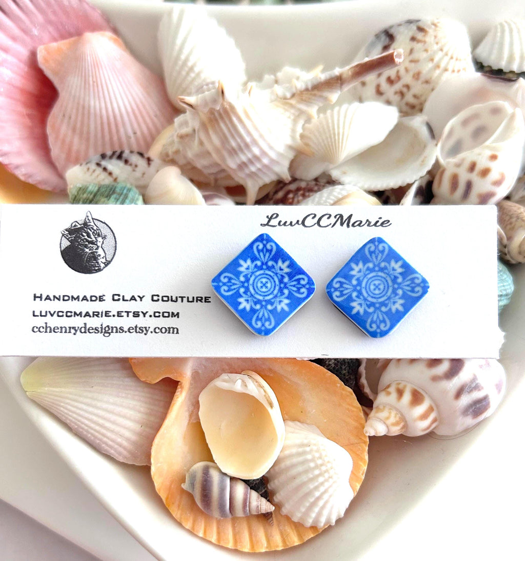 Handmade Cobalt Blue Tile Stud Earrings: Boho Mediterranean Jewelry