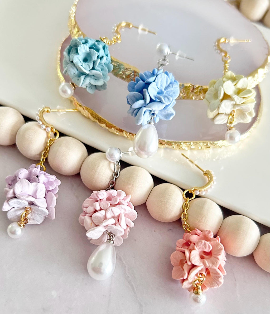 Hydrangea Earrings, Flower Cluster Clay Dangles, Pearl Chain Pastel Floral Drop Unique Wedding Jewelry