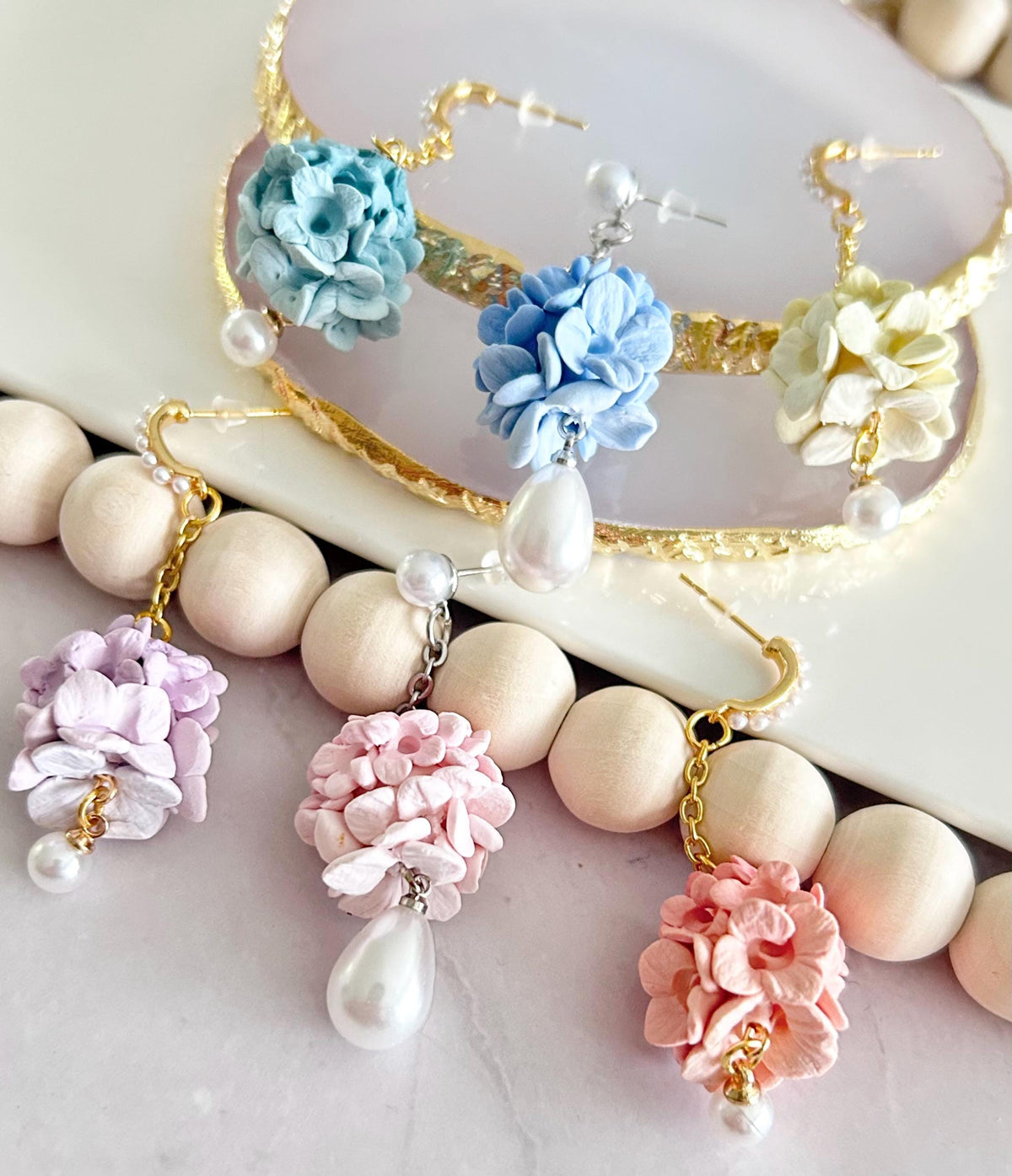 Hydrangea Earrings, Flower Cluster Clay Dangles, Pearl Chain Pastel Floral Drop Unique Wedding Jewelry