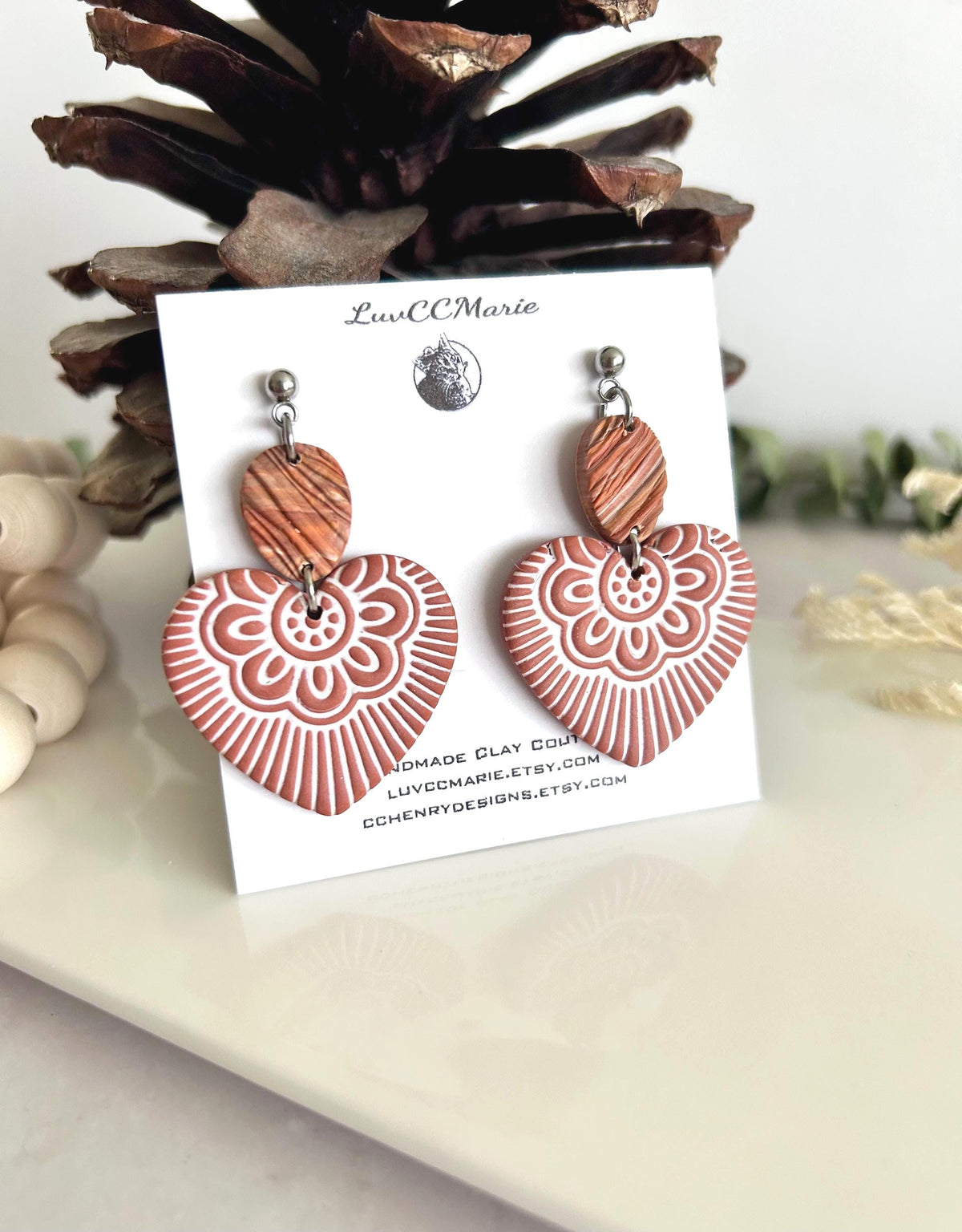 Heart Dangles, Folk Art Clay Earrings, Boho Terracotta Polymer Handmade Jewelry Gifts