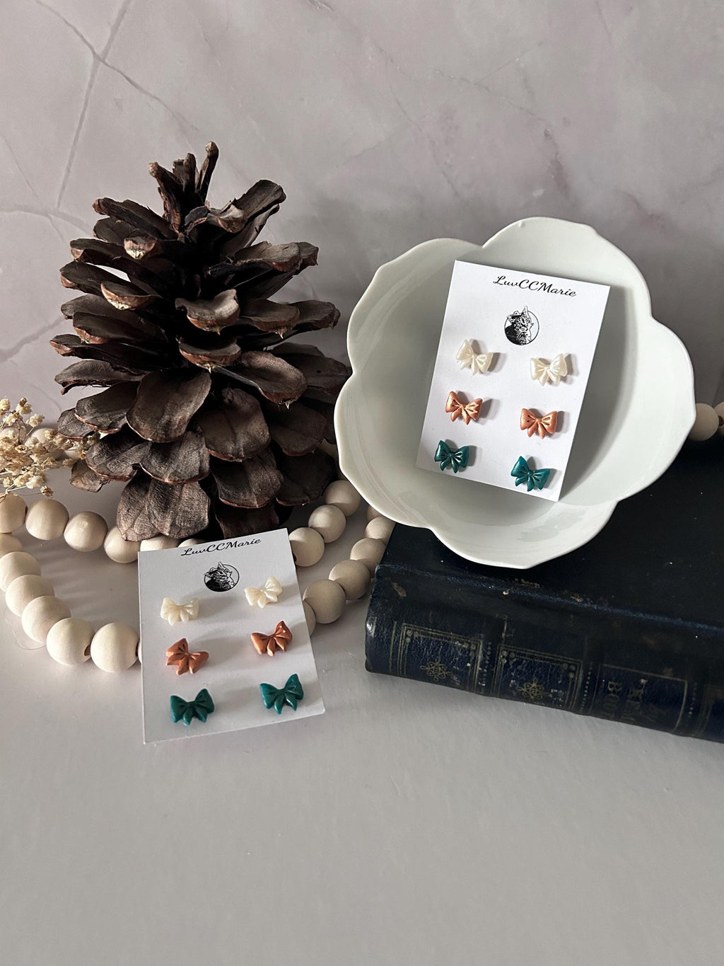 Bow Stud Earrings, Mini Studs Set, White Peach Teal, Handmade Jewelry, Hypoallergenic