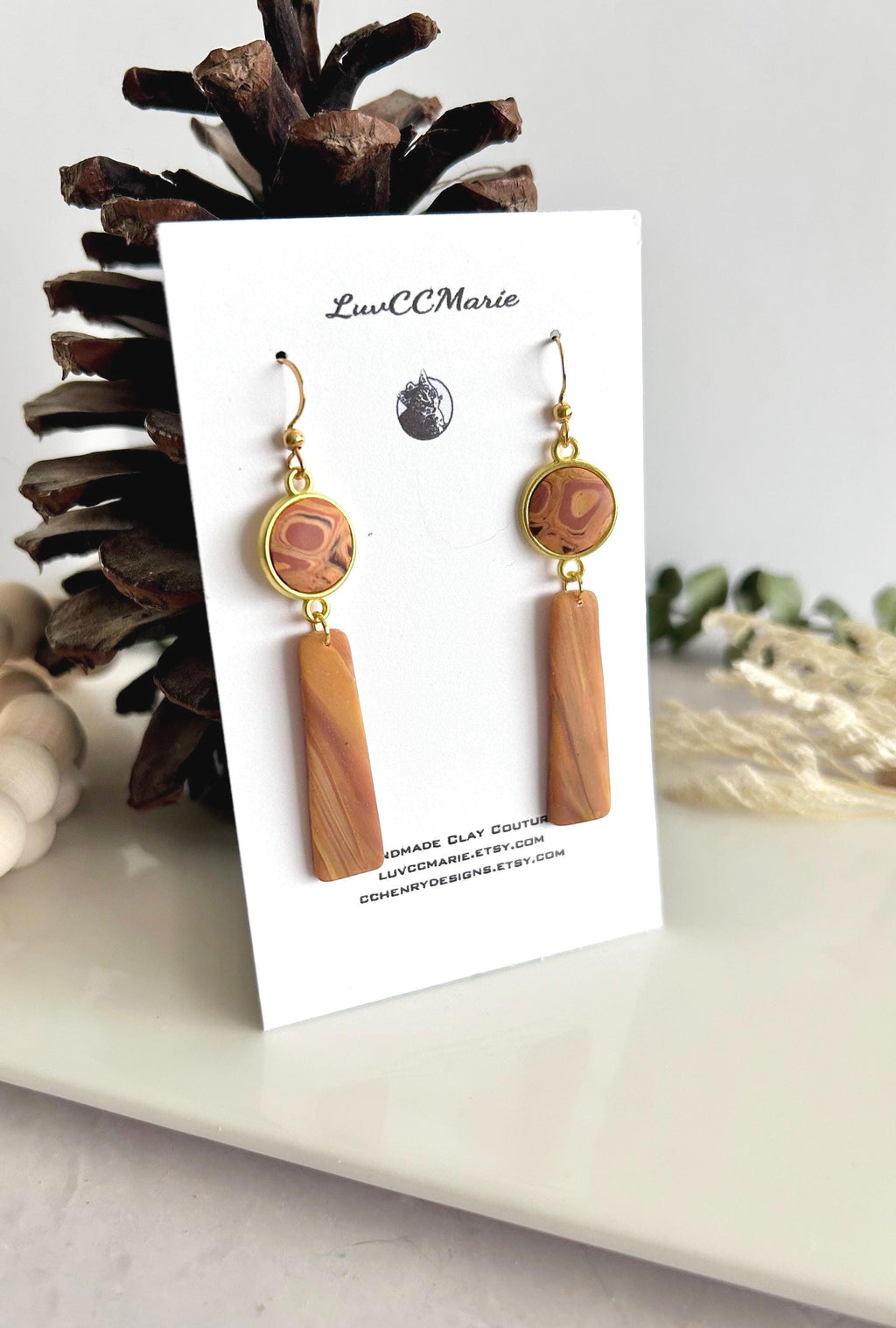 Mustard Yellow Clay Earrings, Abstract Bar Dangles, Long Drop Mid-century Modern Handmade Boho Jewelry