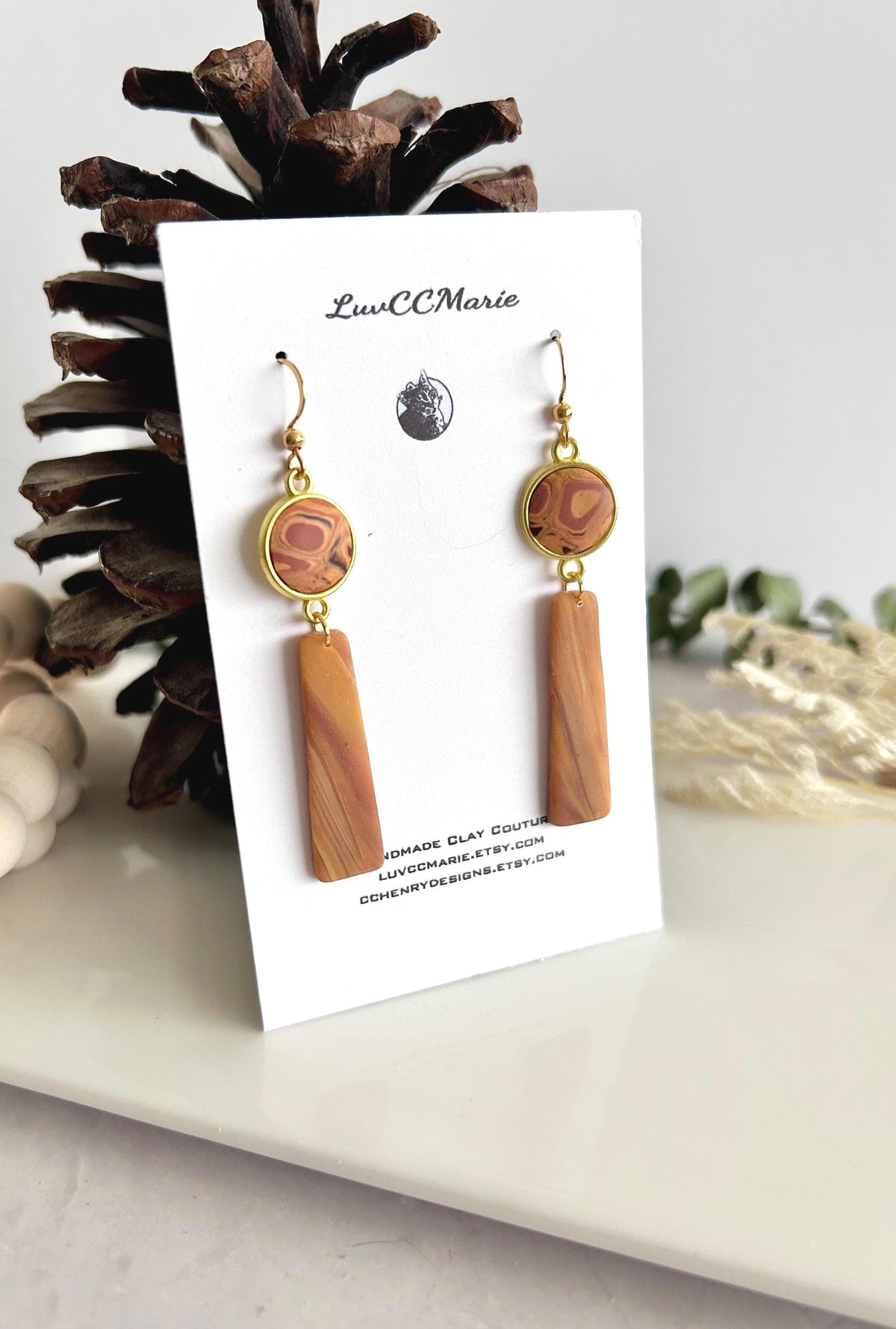 Mustard Yellow Clay Earrings, Abstract Bar Dangles, Long Drop Mid-century Modern Handmade Boho Jewelry
