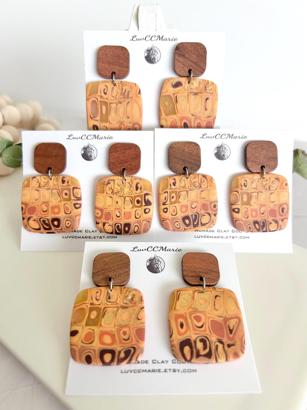 Boho Clay and Wood Stud Earrings: Mustard Yellow Retro Square Dangles