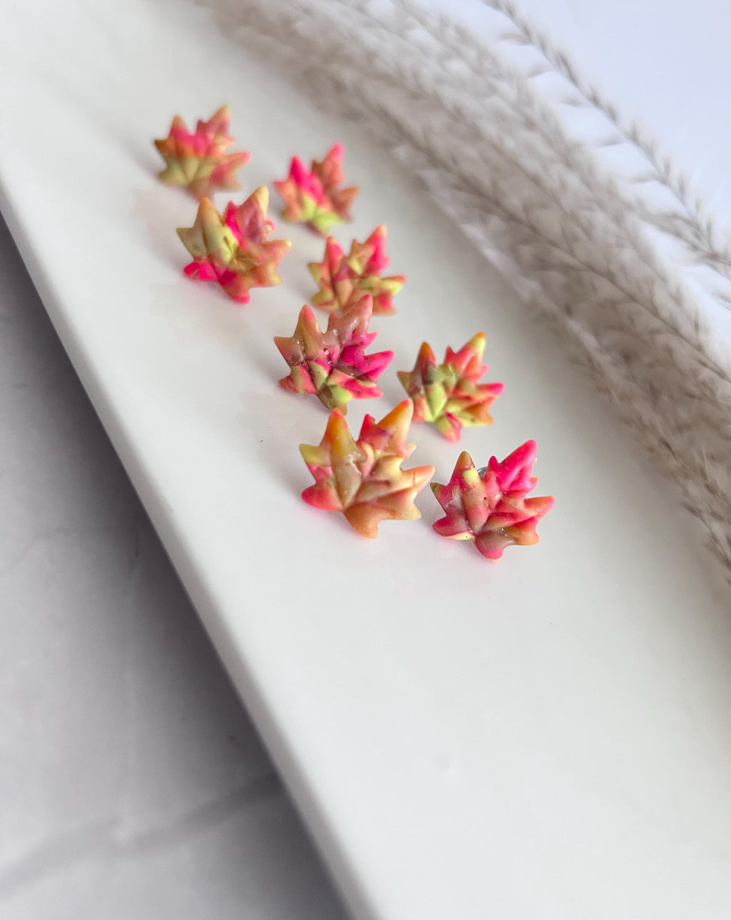 Fall Neon Stud Earrings, Maple Leaf Clay Studs, Handmade Multicolor Leaves Jewelry