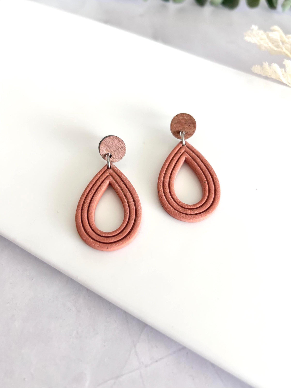 Rust Brown Terracotta Clay and Wood Dangle Earrings, Small Mexican Neutral Handmade Boho Jewelry