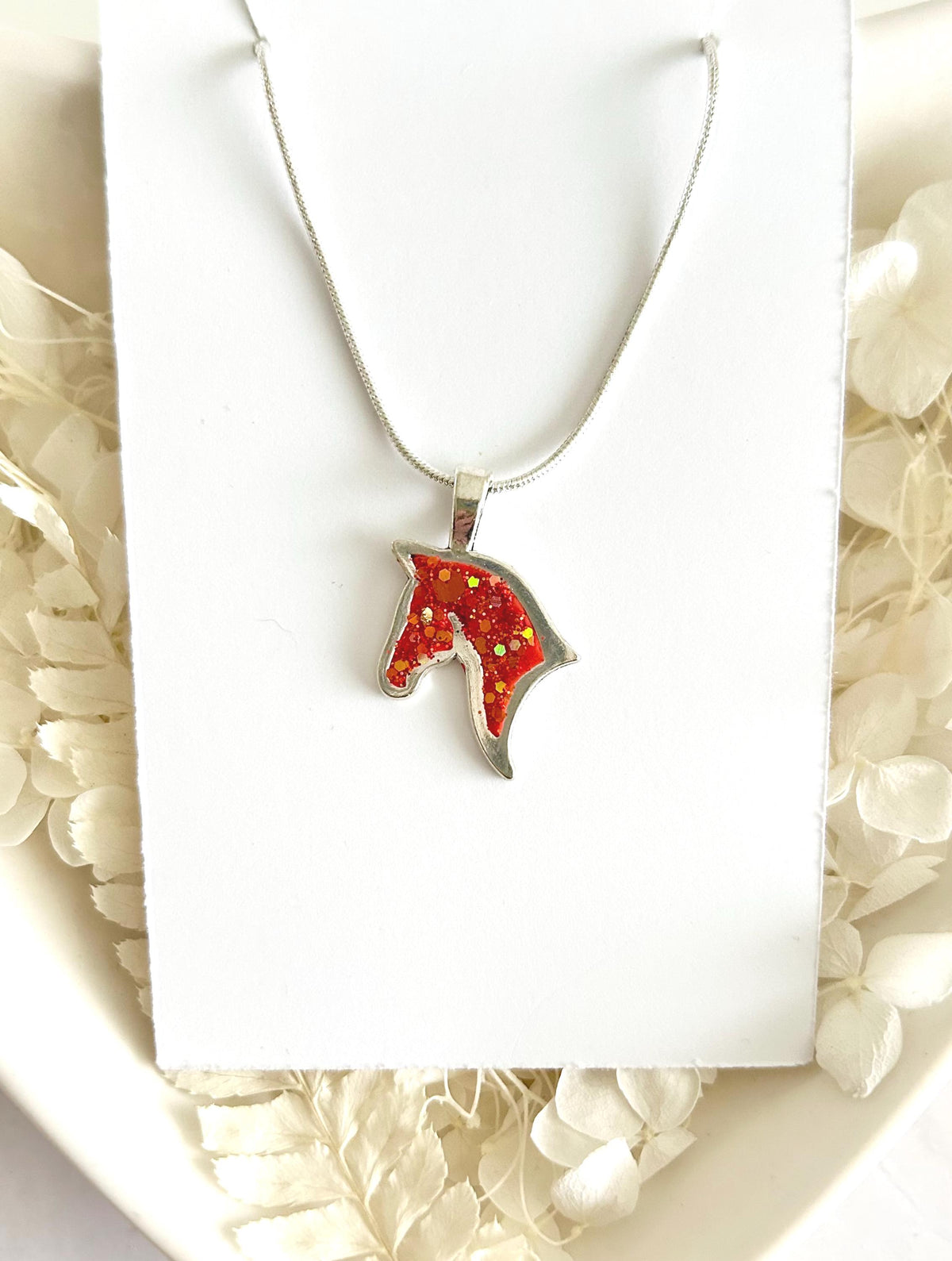 Year of the Horse Fire Necklace, Red and Silver Sparkly Pendant, Handmade Fashion Clay Jewelry