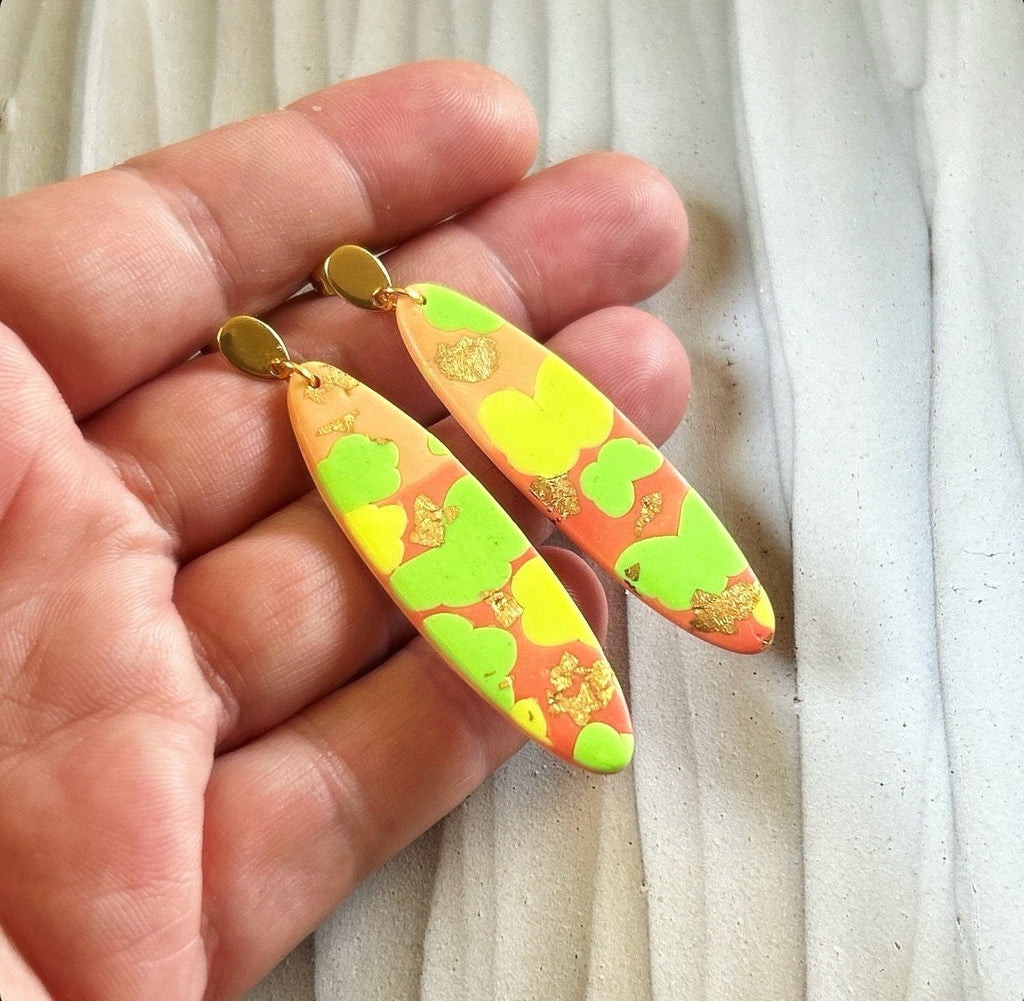 Neon Abstract Clay Earrings, Fluorescent Retro Surfboard Dangles, Handmade Colorful Boho Jewelry