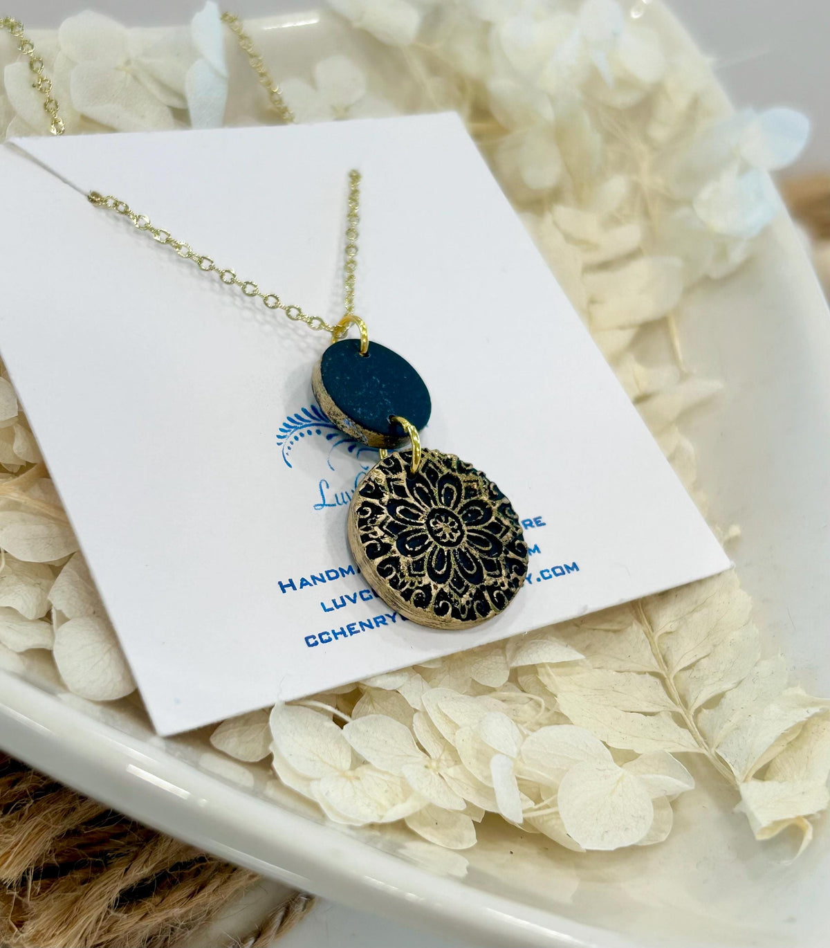 Dark Navy Blue Clay Necklace, Gold Mandala Embossed Pendant, Handmade Fashion Boho Jewelry