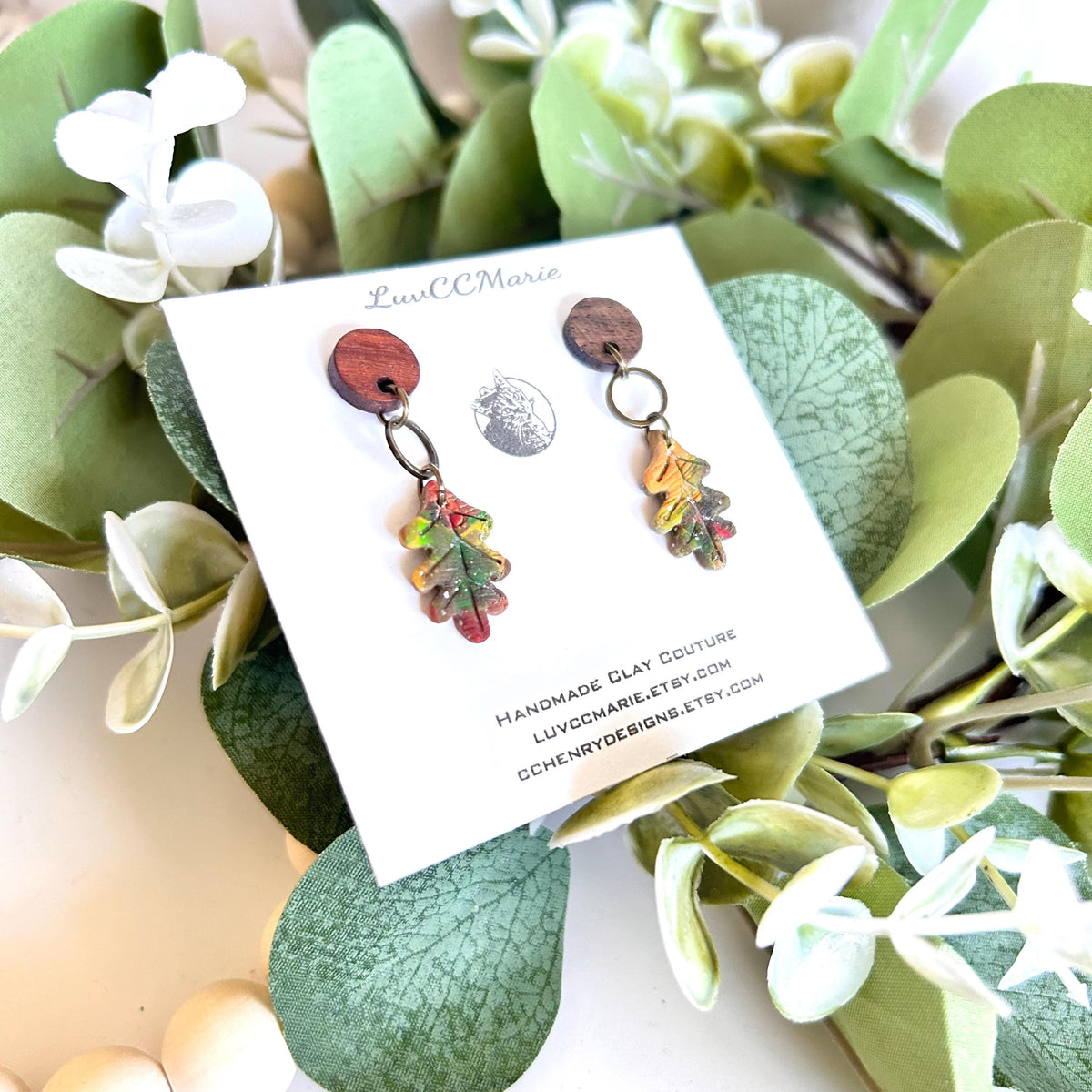 Botanical Clay Dangle Earrings, Leaf Dangles, English Oak Walnut Wood and Bronze, Handmade Lightweight Fall Jewelry