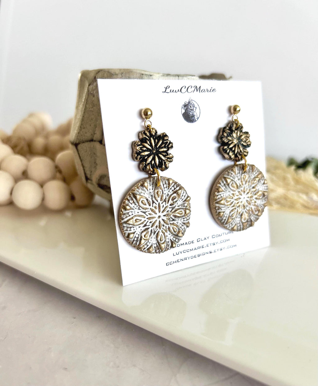Gold Black White Floral Mandala Dangle Earrings, Handmade Clay Boho Dangles
