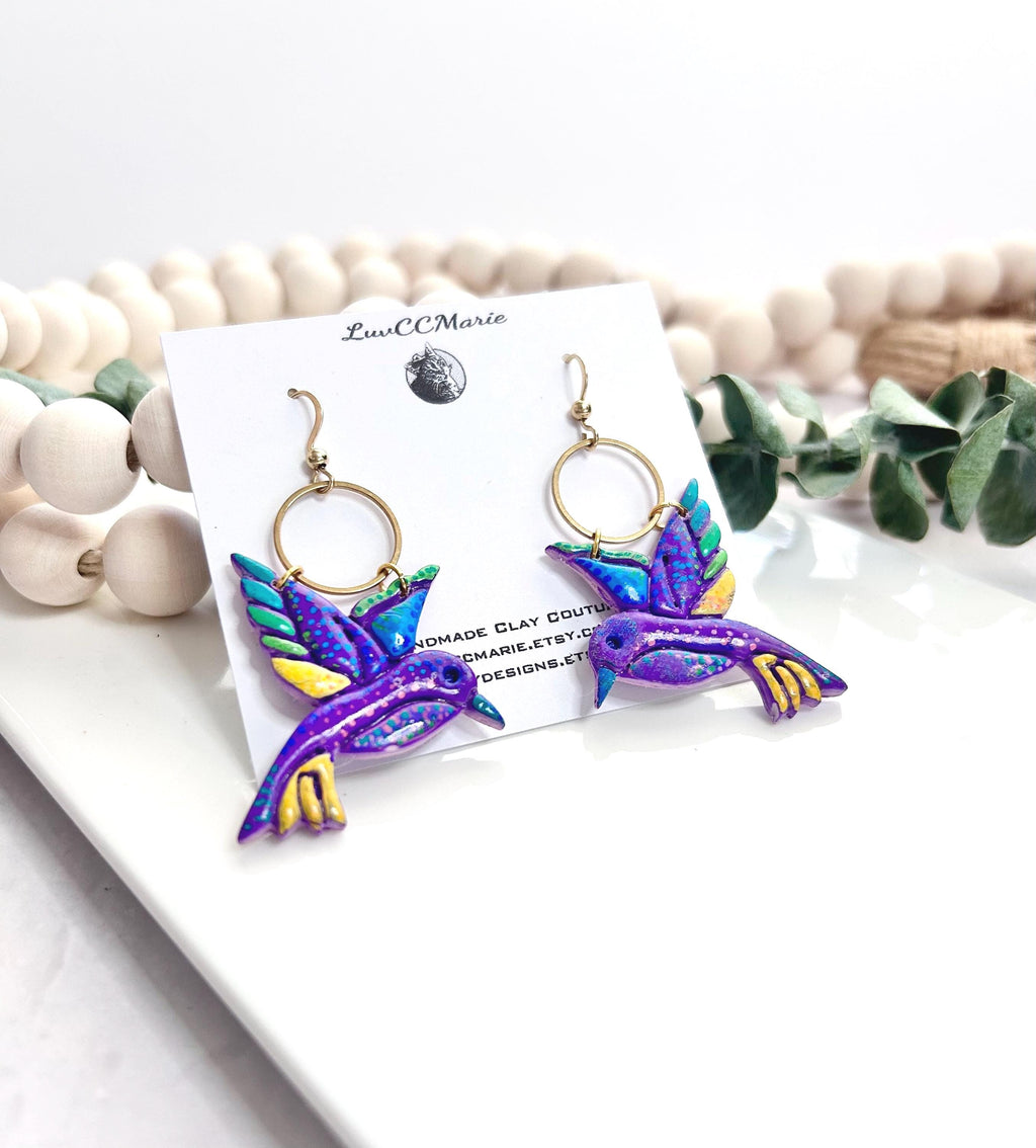 Painted Bird Earrings, Hummingbird Dangles, Purple Wings, Boho Hoops Clay Jewelry, Handmade Art