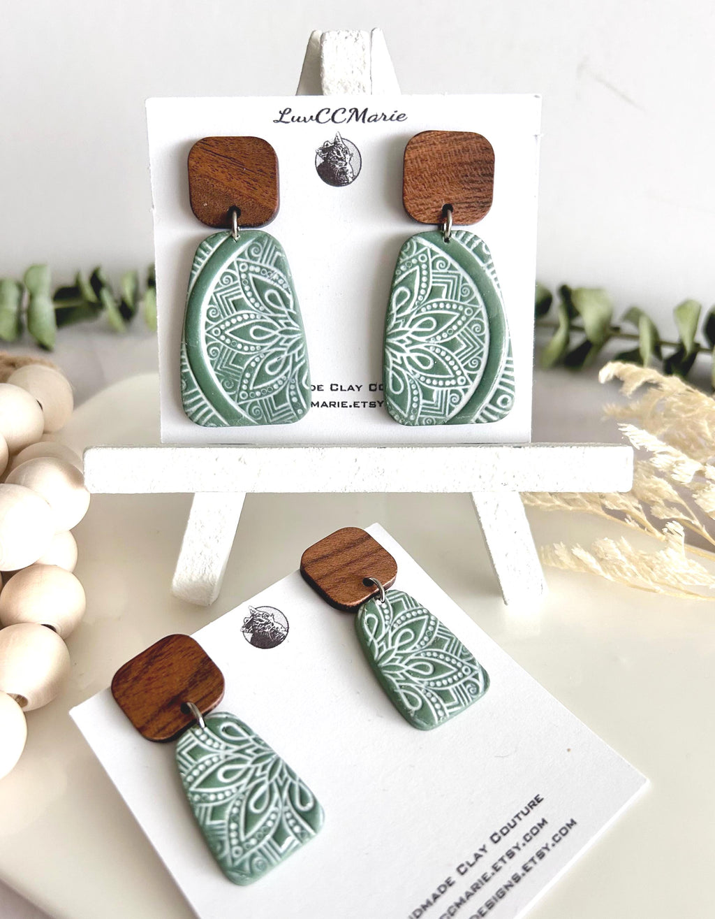 Sage and White Clay Earrings, Mandala Dangles, Floral Clay & Wood Boho Neutral Handmade Jewelry