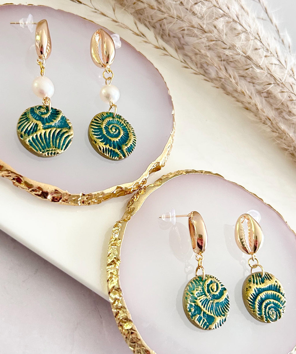 Seashell Cowrie Pearl Earrings, Coastal Vacation Faux Ammonite Drop Dangles, Handmade Clay Jewelry