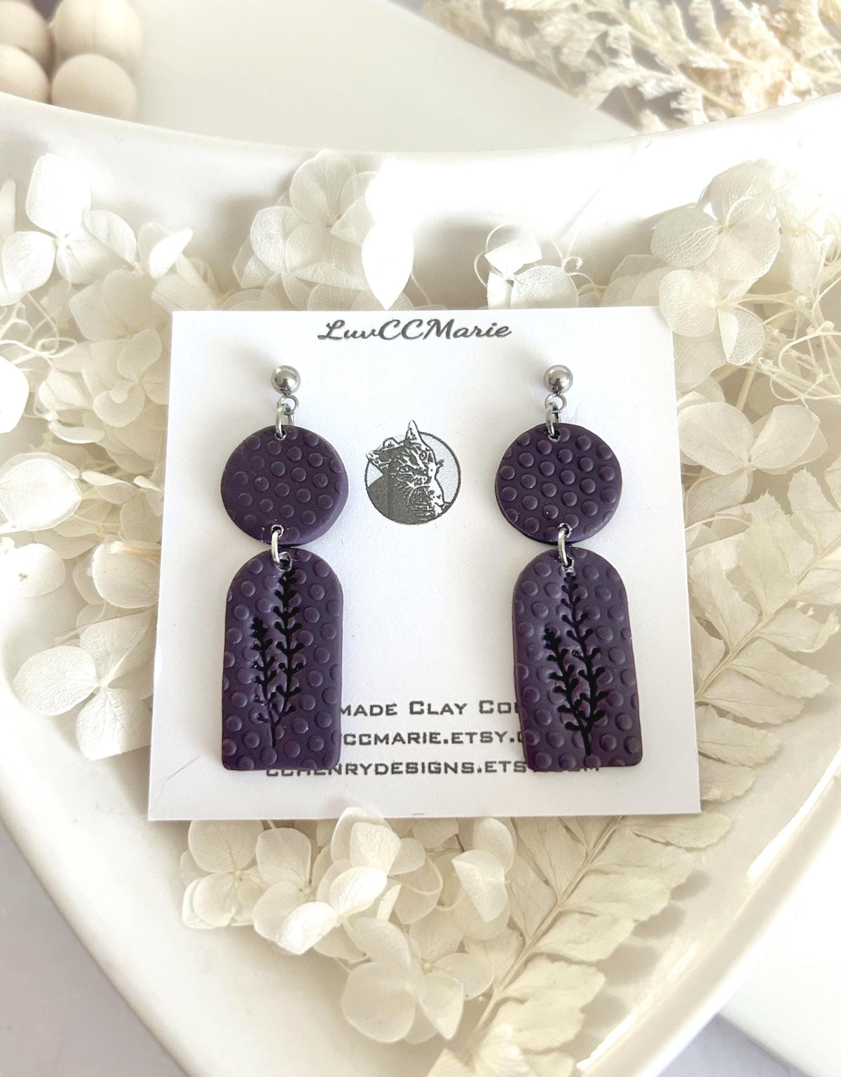 Polka Dot Botanical Clay Dangle Earrings, Handmade Art Jewelry Gift