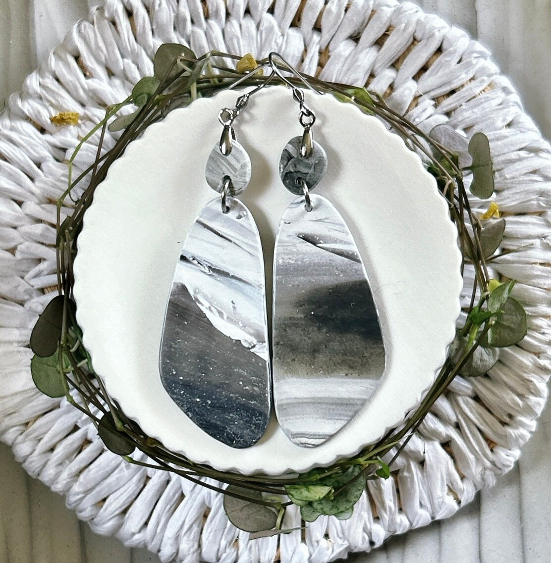 Marbled Clay Dangle Earrings: Gray Black White Boho Jewelry