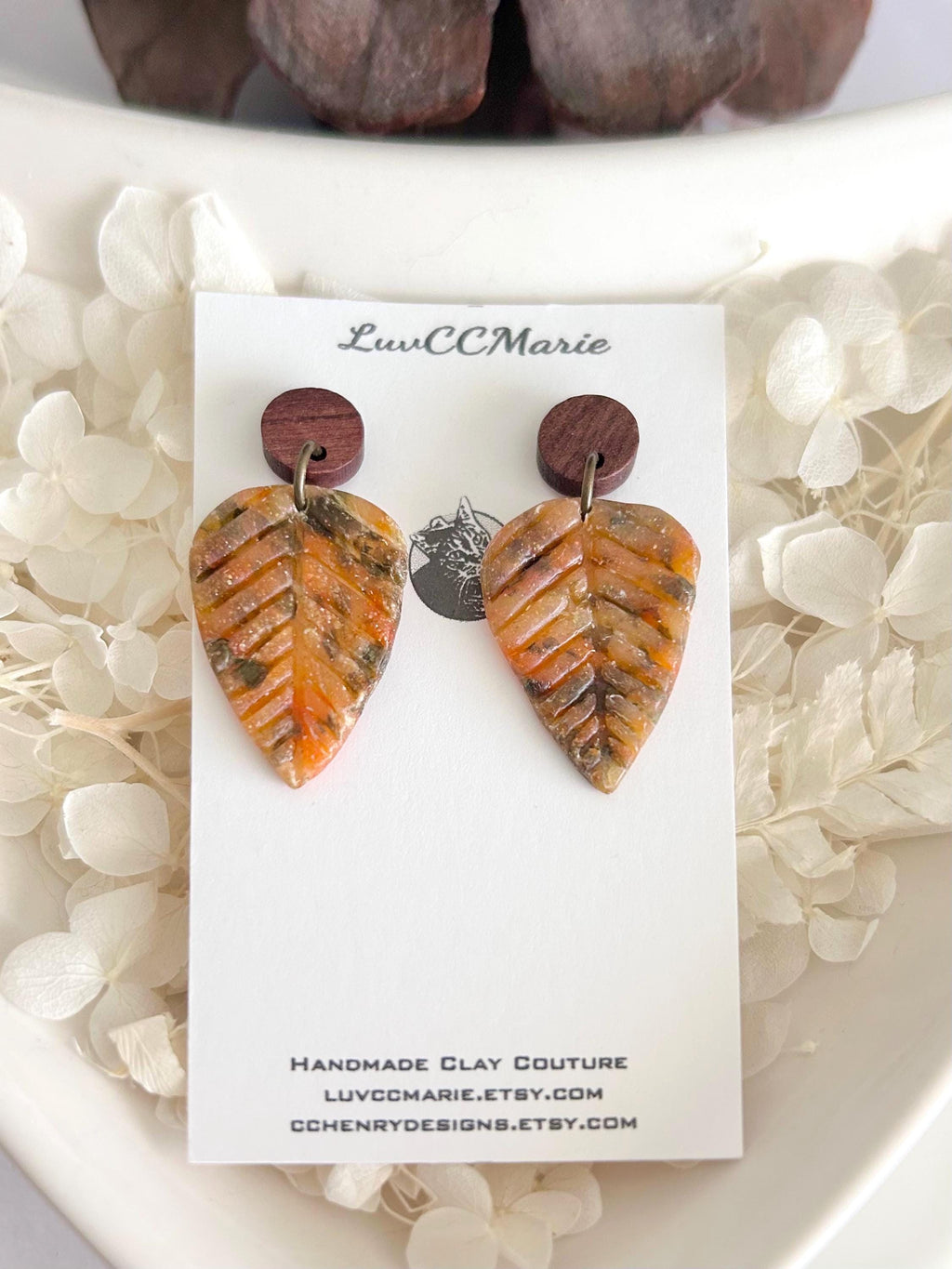 Rustic Autumn Leaves Earrings, Asymmetrical Wood Leaf Dangles, Handmade Lightweight, Colorful Fall Clay Jewelry