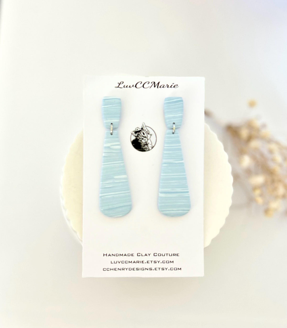 Light Blue and White Striped Dangle Earrings, Dusty Stud Dangles, Handmade Boho Jewelry Gift
