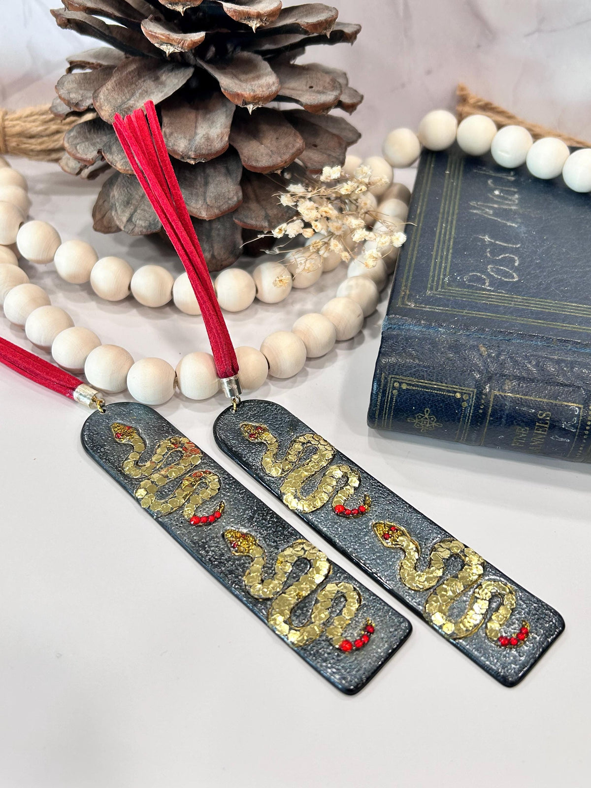 Black Serpent Clay Bookmark, Gold Snake Book Mark, Handmade Book Lover Gift