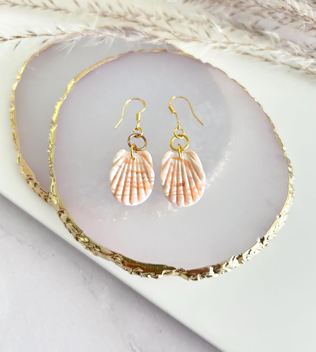 Clay Seashell Earrings, Peachy Coral and White Shell Dangles, Coastal Vacation Dangles Beach Jewelry