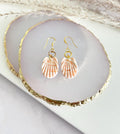 Clay Seashell Earrings, Peachy Coral and White Shell Dangles, Coastal Vacation Dangles Beach Jewelry