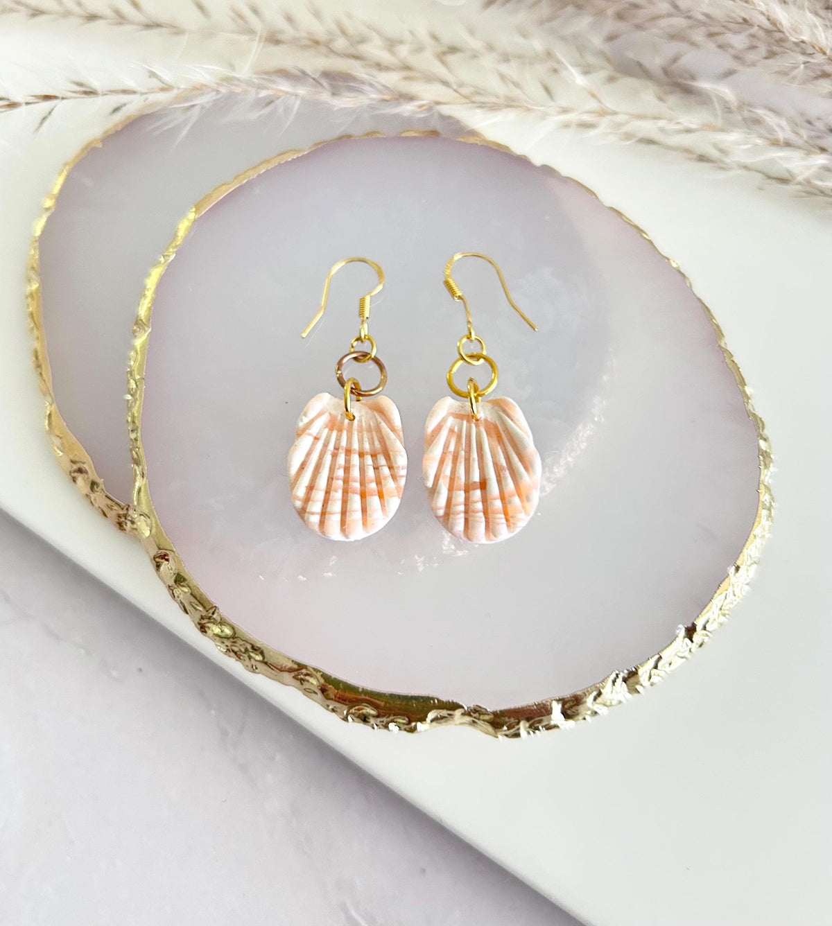 Clay Seashell Earrings, Peachy Coral and White Shell Dangles, Coastal Vacation Dangles Beach Jewelry